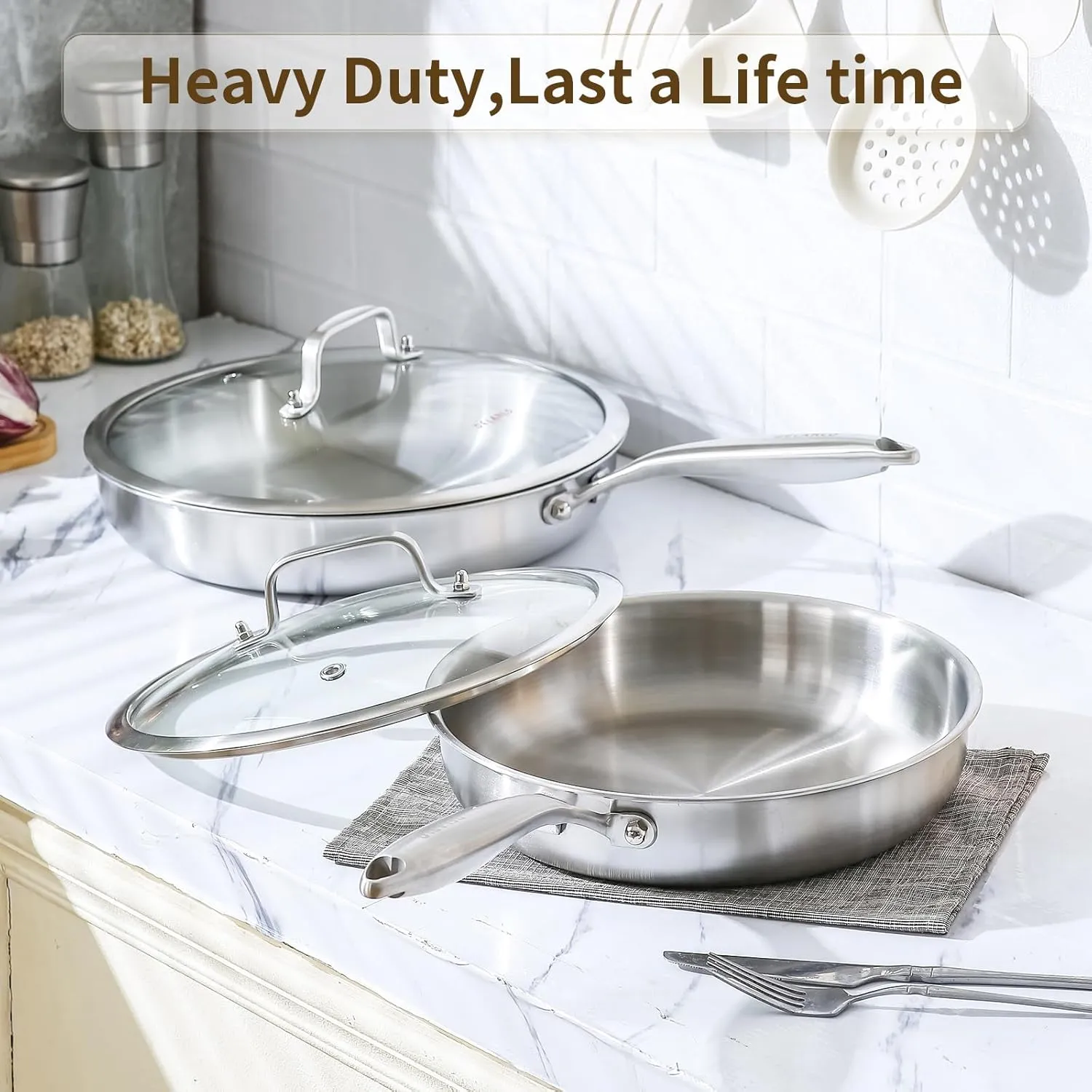 DELARLO Tri-Ply Stainless Steel Skillet, 12 Inch Frying Pan with Lid, Compatible with All Cooktops Up to 600, Fast & Even Heat, Induction Cookware, Dishwasher Safe