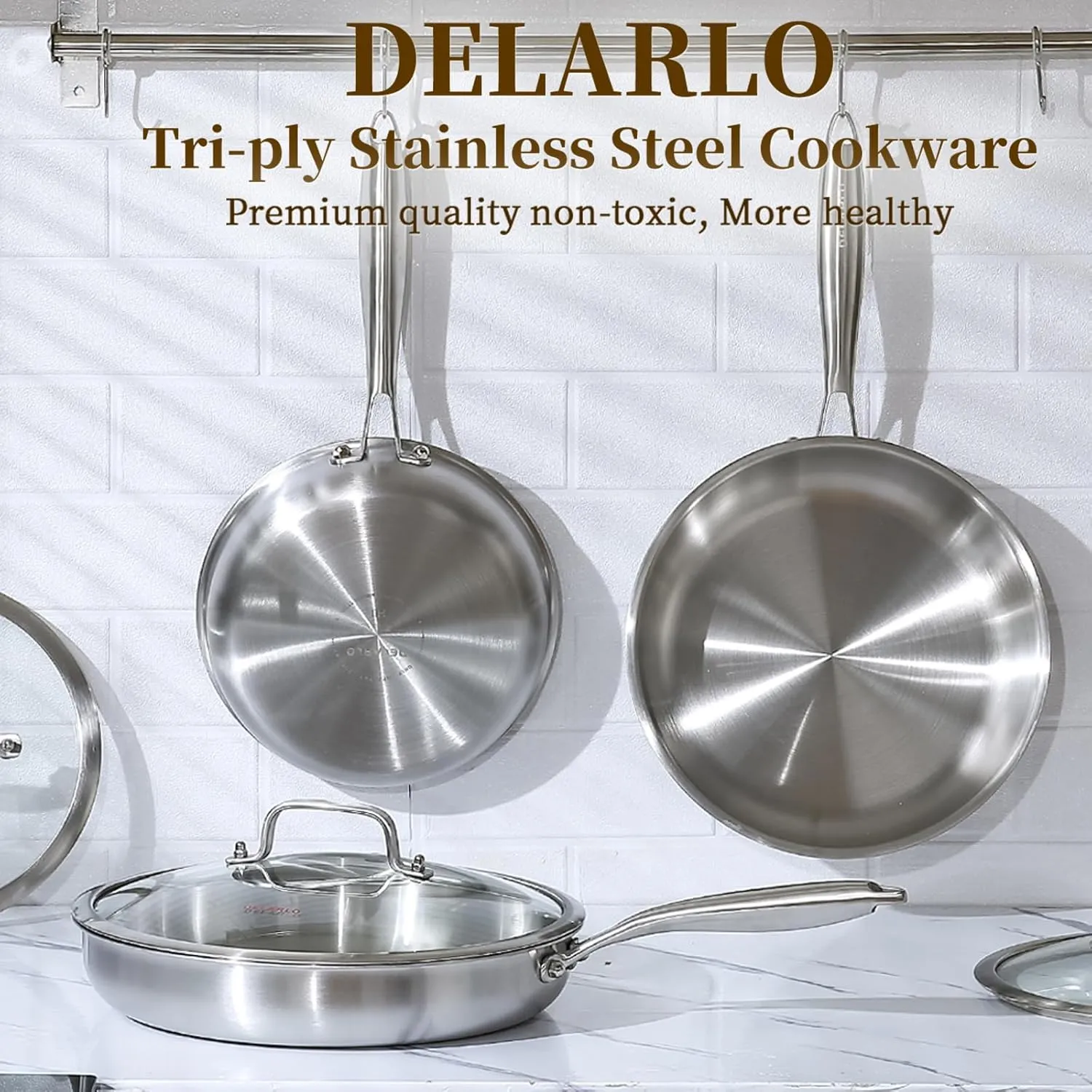DELARLO Tri-Ply Stainless Steel Skillet, 12 Inch Frying Pan with Lid, Compatible with All Cooktops Up to 600, Fast & Even Heat, Induction Cookware, Dishwasher Safe