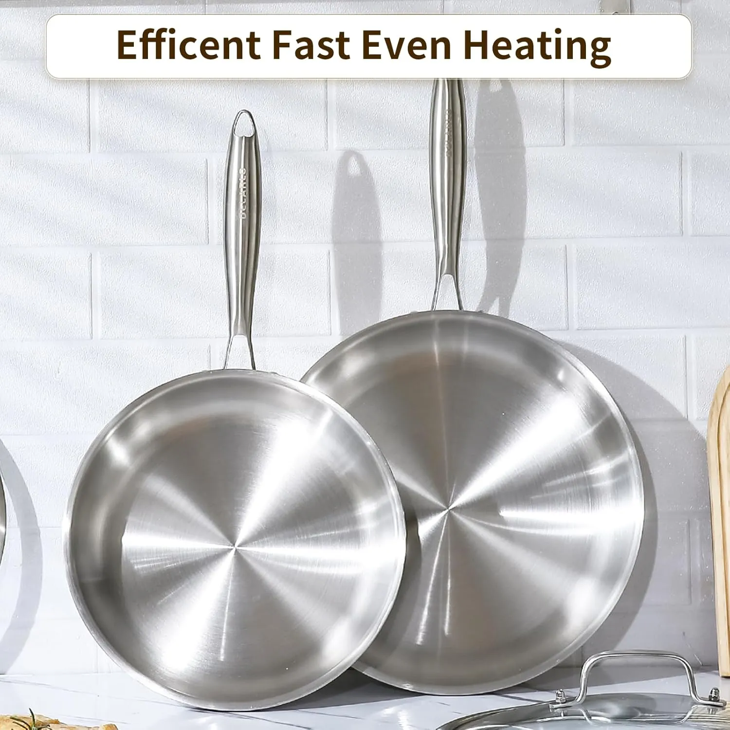 DELARLO Tri-Ply Stainless Steel Skillet, 12 Inch Frying Pan with Lid, Compatible with All Cooktops Up to 600, Fast & Even Heat, Induction Cookware, Dishwasher Safe