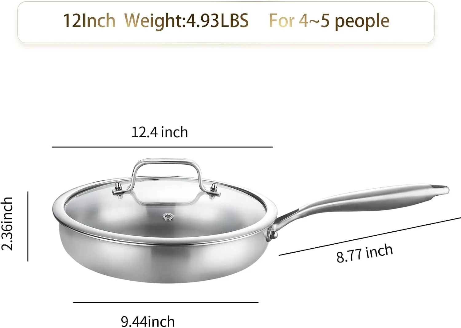 DELARLO Tri-Ply Stainless Steel Skillet, 12 Inch Frying Pan with Lid, Compatible with All Cooktops Up to 600, Fast & Even Heat, Induction Cookware, Dishwasher Safe
