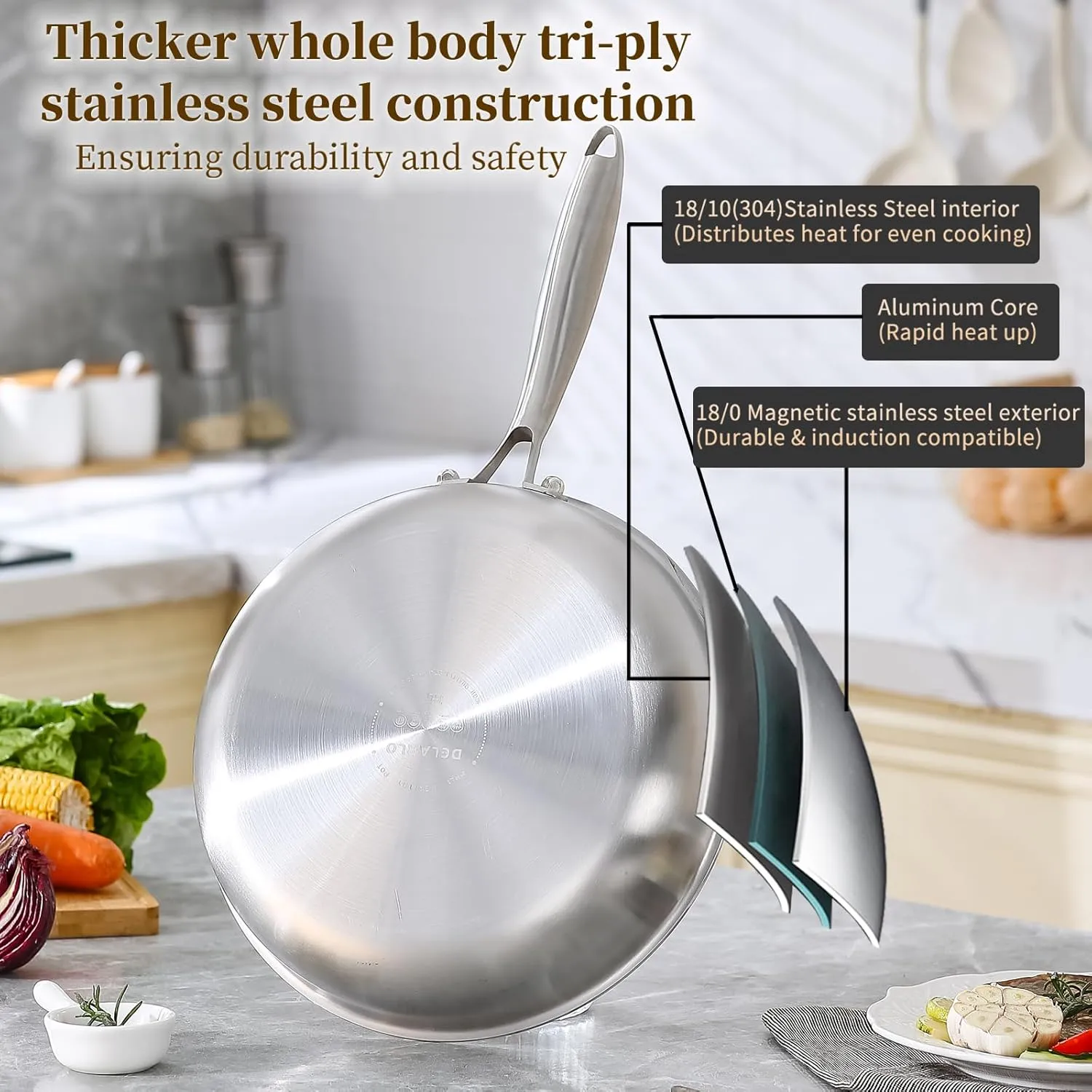 DELARLO Tri-Ply Stainless Steel Skillet, 12 Inch Frying Pan with Lid, Compatible with All Cooktops Up to 600, Fast & Even Heat, Induction Cookware, Dishwasher Safe