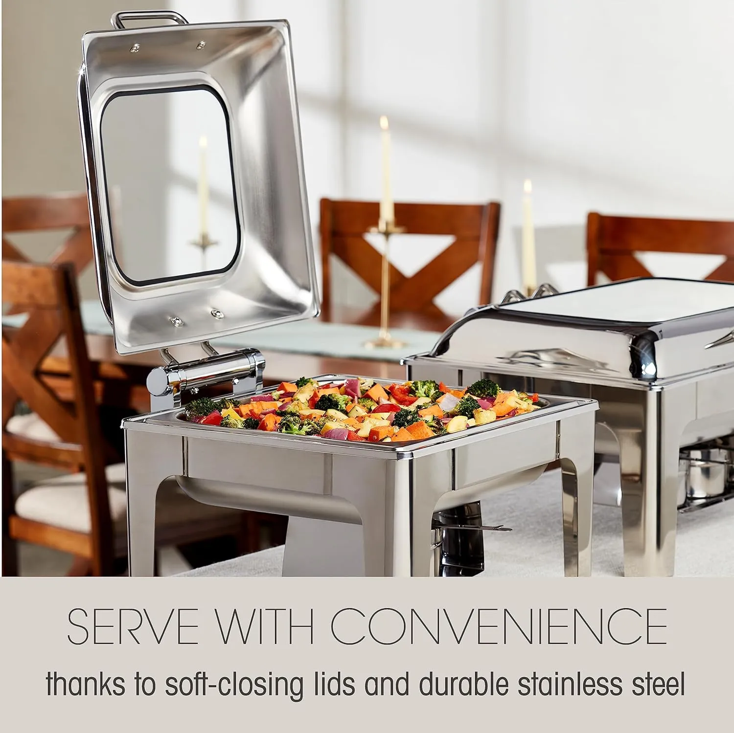 Denmark Tools for Cooks Celebrations Cookware Collection 5 Piece 6.3-Quart Heavy Gauge Stainless Steel Square Chafing Dish Set with Hydraulic Soft Close Glass Lid for Entertaining & Catering