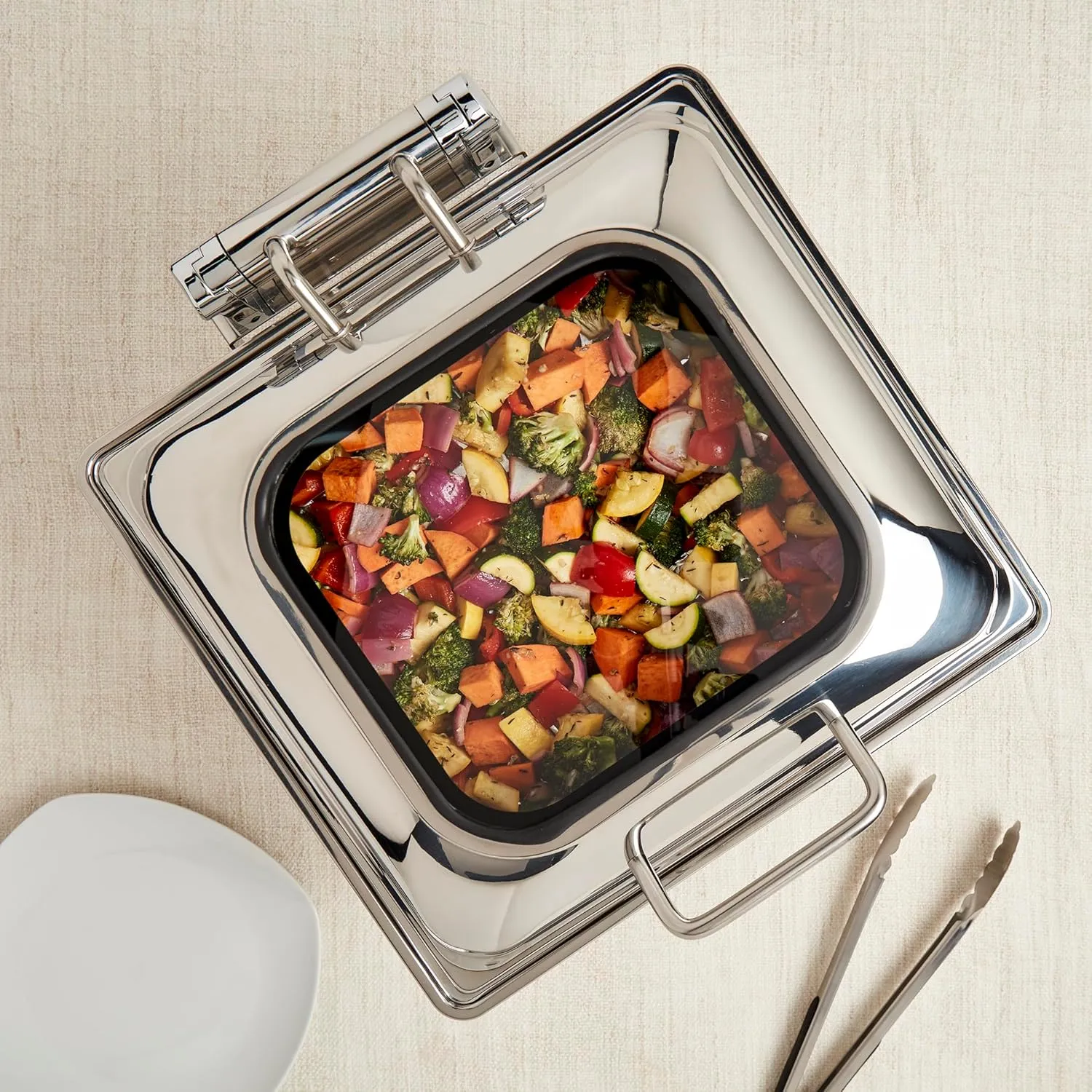 Denmark Tools for Cooks Celebrations Cookware Collection 5 Piece 6.3-Quart Heavy Gauge Stainless Steel Square Chafing Dish Set with Hydraulic Soft Close Glass Lid for Entertaining & Catering