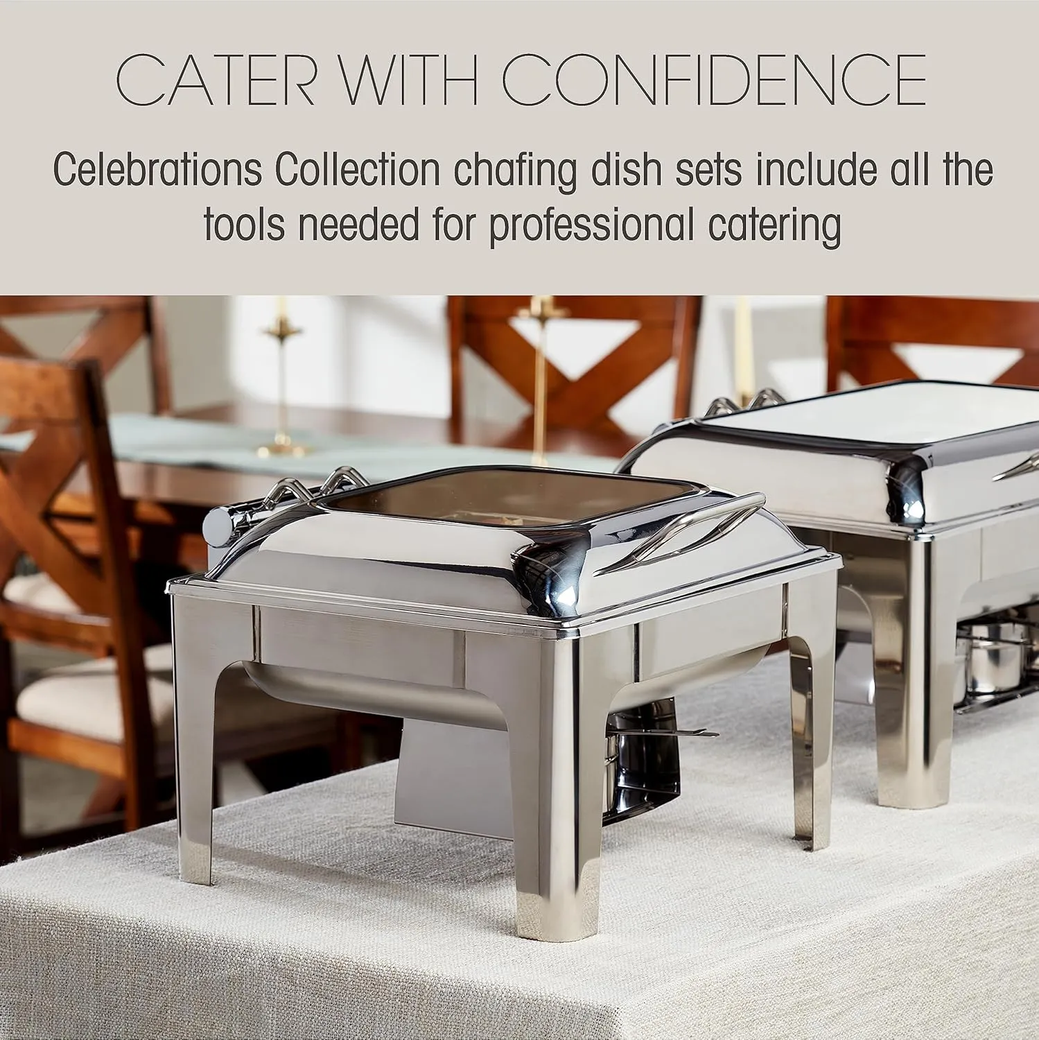 Denmark Tools for Cooks Celebrations Cookware Collection 5 Piece 6.3-Quart Heavy Gauge Stainless Steel Square Chafing Dish Set with Hydraulic Soft Close Glass Lid for Entertaining & Catering