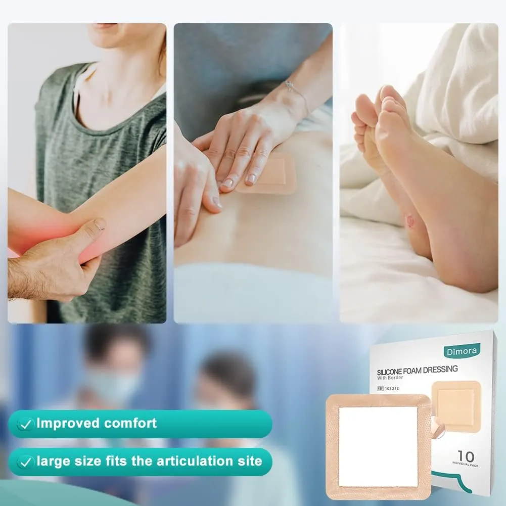 Dimora Silicone Foam Dressing with Border Adhesive 6"x6" Waterproof Wound Dressing Bandage for Wound Care 10 Pack