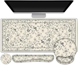 DINKY Desk Mat Mouse Pad, XXL Large Gaming Mouse Pad with Wrist Rest Wrist Support, Ergonomic Mouse Pads, Keyboard Wrist Rest, Desk Accessories Decor for Home Office, Apricot Art Leaf