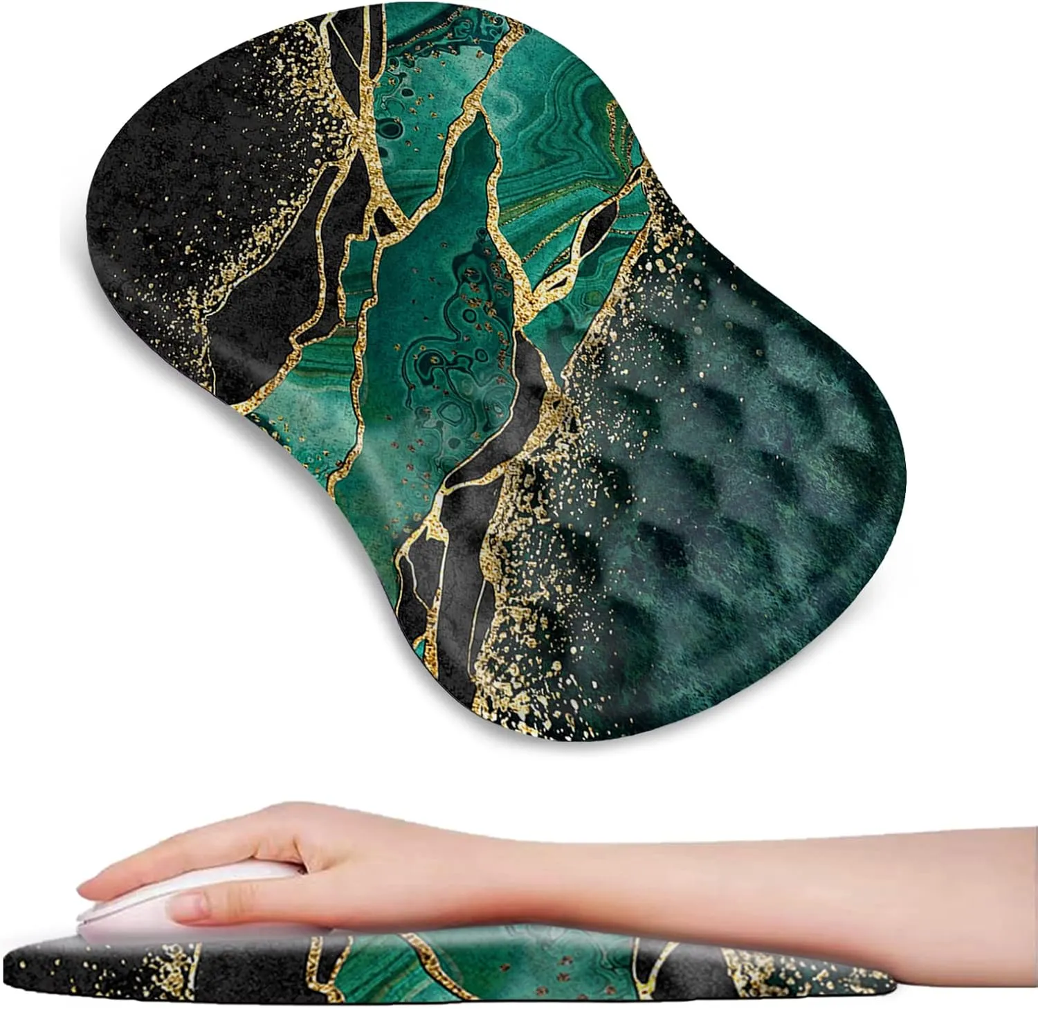 DINKY Ergonomic Mouse Pads Wrist Support, Entire Memory Foam with Anti-Slip PU Base, Pain Relief Mouse Mat with Wrist Rests Easy Typing for Computer Laptop, Home and Office (Green Gold Marble)