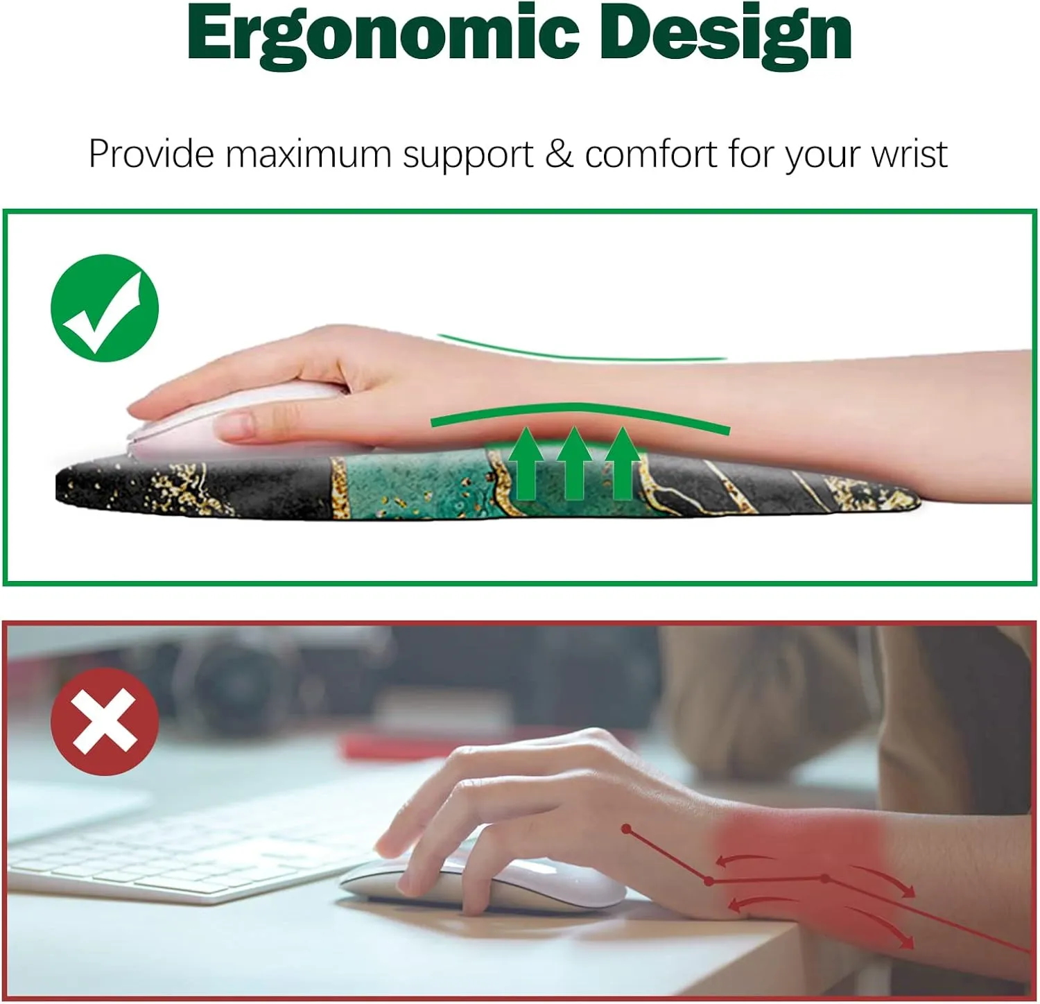 DINKY Ergonomic Mouse Pads Wrist Support, Entire Memory Foam with Anti-Slip PU Base, Pain Relief Mouse Mat with Wrist Rests Easy Typing for Computer Laptop, Home and Office (Green Gold Marble)