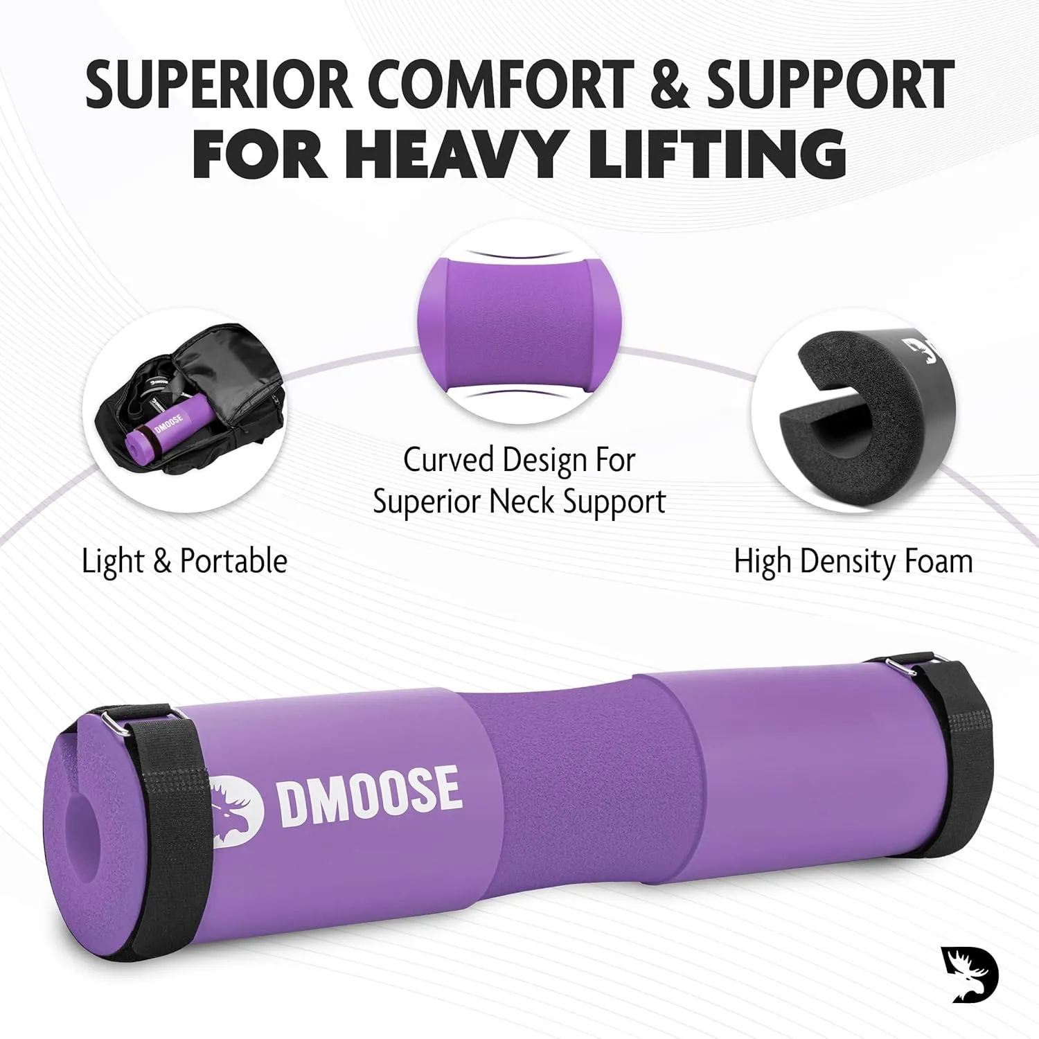 DMoose Fitness Barbell Pad for Hip Thrust, Squat & Lunges - Non-Slip Thick Foam Cushion for Neck and Back Support with Two Straps - Hip Thrust Pad for Leg Day - Fits All Olympic Bars and Smith Machine