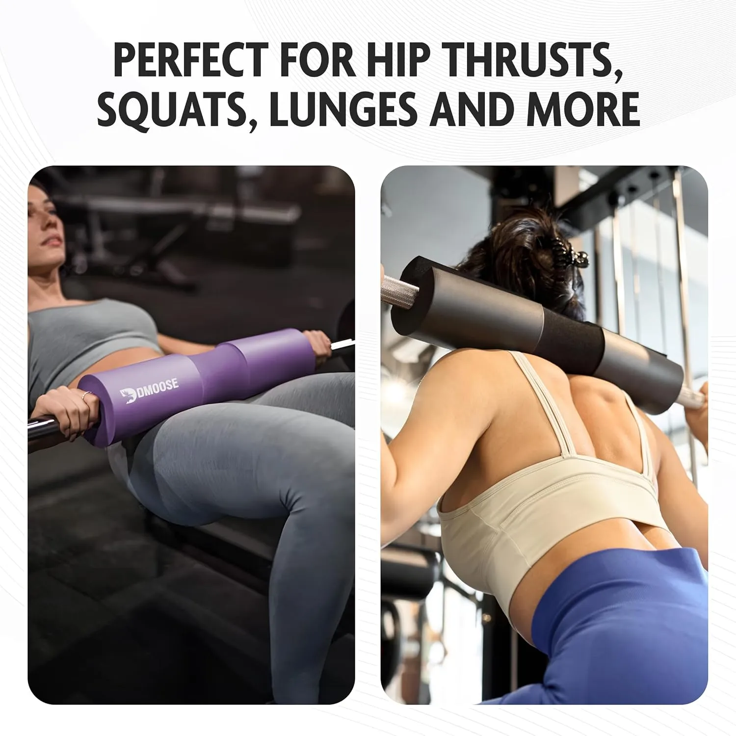 DMoose Fitness Barbell Pad for Hip Thrust, Squat & Lunges - Non-Slip Thick Foam Cushion for Neck and Back Support with Two Straps - Hip Thrust Pad for Leg Day - Fits All Olympic Bars and Smith Machine