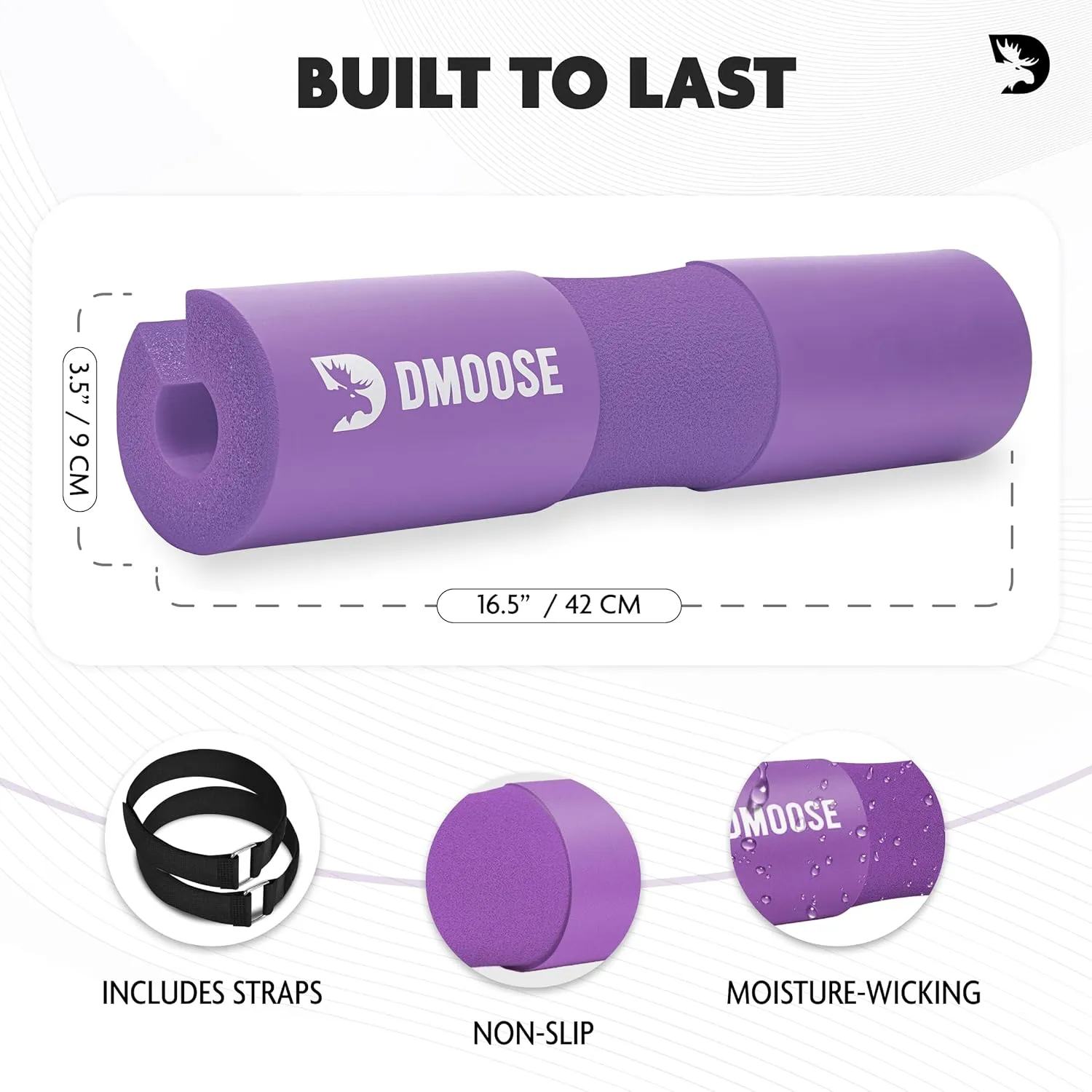 DMoose Fitness Barbell Pad for Hip Thrust, Squat & Lunges - Non-Slip Thick Foam Cushion for Neck and Back Support with Two Straps - Hip Thrust Pad for Leg Day - Fits All Olympic Bars and Smith Machine