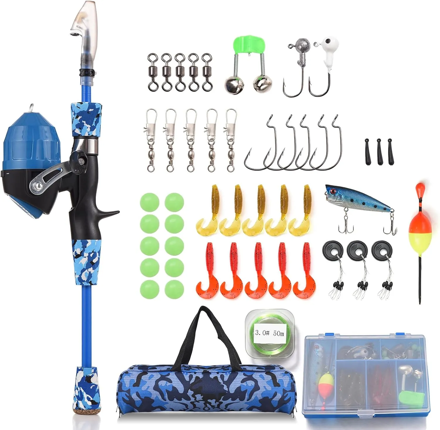 doorslay Kids Fishing Rod and Reel Combo Full Kit 1.2m/1.5m Telescopic Casting Rod Pole with Spincast Reel and Hooks Lures Swivels Carry Bag