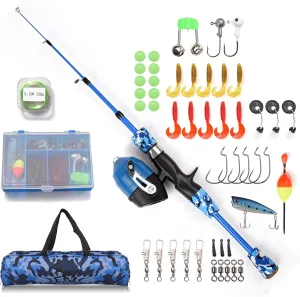 doorslay Kids Fishing Rod and Reel Combo Full Kit 1.2m/1.5m Telescopic Casting Rod Pole with Spincast Reel and Hooks Lures Swivels Carry Bag