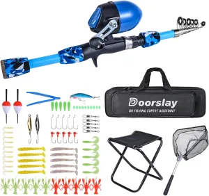 doorslay Kids Fishing Rod and Reel Combo with Collapsible Fishing Stool Landing Net Telescopic Fishing Pole Tackle Box Accessories for Boys and Girls