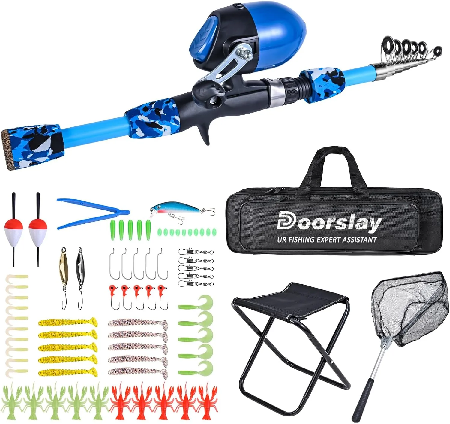 doorslay Kids Fishing Rod and Reel Combo with Collapsible Fishing Stool Landing Net Telescopic Fishing Pole Tackle Box Accessories for Boys and Girls