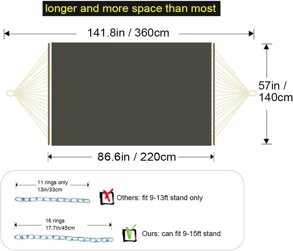 Double Hammock with Quilted Fabric and Spreader Bars,Longer and Sturdier,Quality Hammocks for Outdoor Indoor Patio Yard