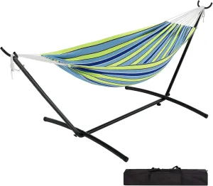Double Hammock with Space Saving Steel Stand Included, 2 Person Outdoor Hammock, Portable Hammocks with Carry Bag, 450lb Capacity Standing Hammocks for Outside Garden Backyard Blue and Green Stripes