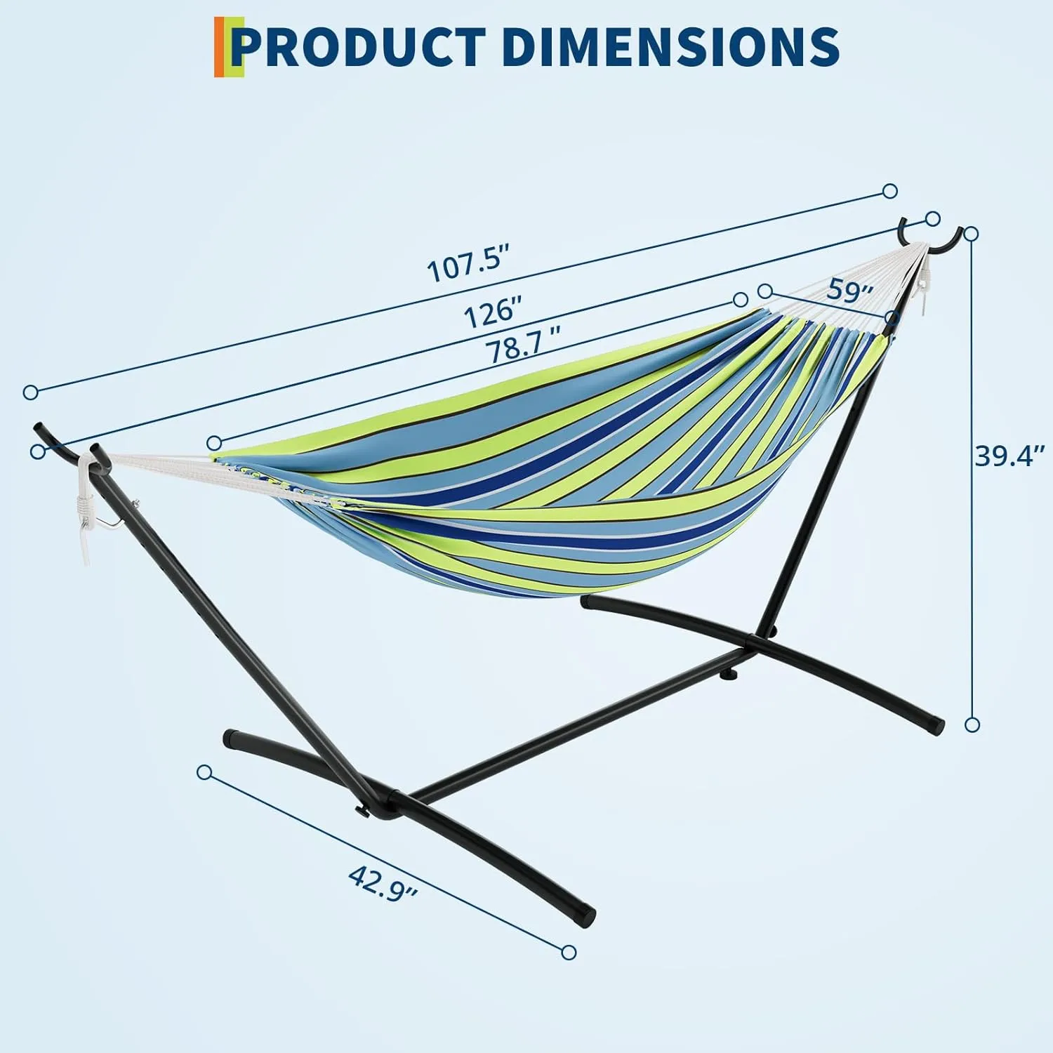 Double Hammock with Space Saving Steel Stand Included, 2 Person Outdoor Hammock, Portable Hammocks with Carry Bag, 450lb Capacity Standing Hammocks for Outside Garden Backyard Blue and Green Stripes
