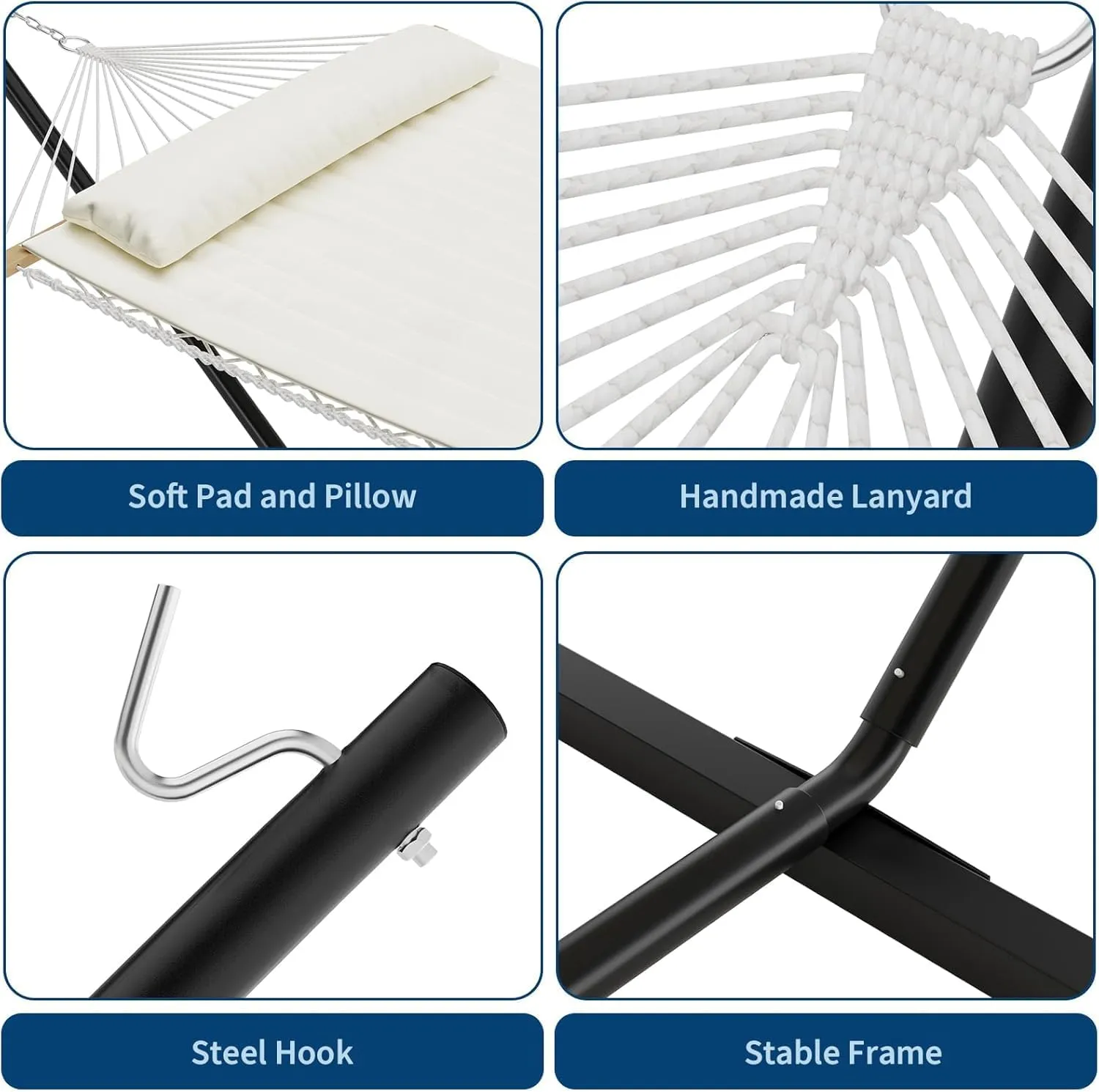 Double Hammock with Stand, 2 Person Heavy Duty 450lb Capacity, Space Saving Steel Frame, 450lb Capacity, for Outdoor Garden, Yard, Patio Hammocks for Adults, Quick-Fold Carry Bag, and Beige Cushion