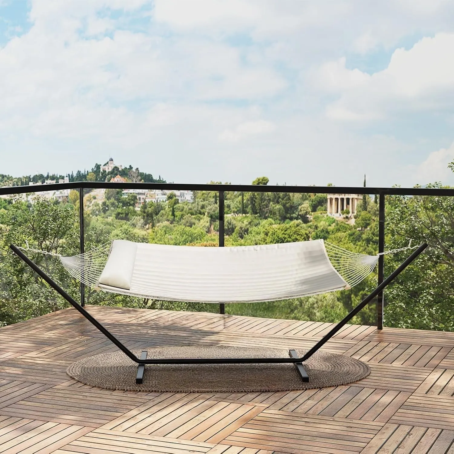 Double Hammock with Stand, 2 Person Heavy Duty 450lb Capacity, Space Saving Steel Frame, 450lb Capacity, for Outdoor Garden, Yard, Patio Hammocks for Adults, Quick-Fold Carry Bag, and Beige Cushion