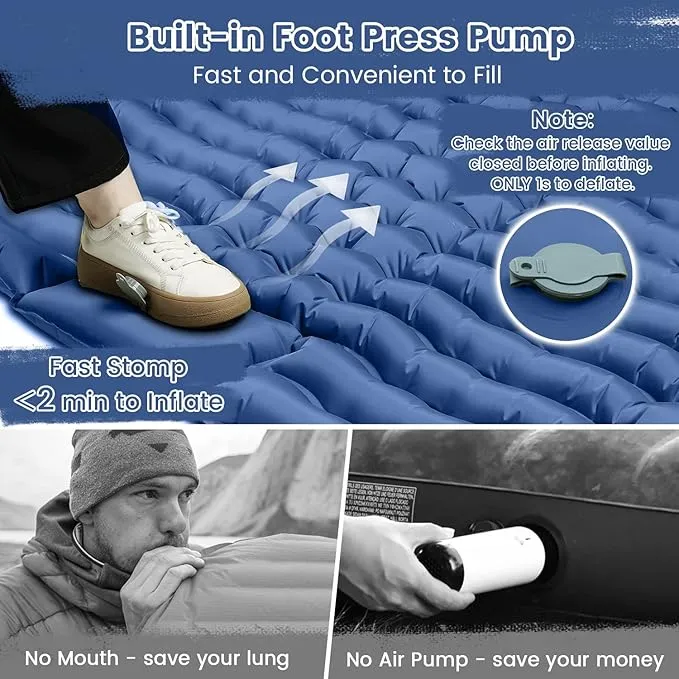 Double Sleeping Pad 4" Self Inflating Camping Mat with Pillow Built-in Foot Pump Portable 2 Person Camping Pad Waterproof Camping Mattress for Camping Backpacking Hiking Traveling Tent Blue…