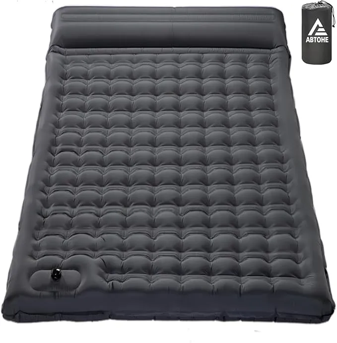 Double Sleeping Pad Camping, Self Inflating 4'' Extra-Thick 2 Person Pillow Built-in Foot Pump Waterproof Inflatable Sleeping Mat Backpacking, Tent, Hiking, Portable Camping Pad (Grey-Double)