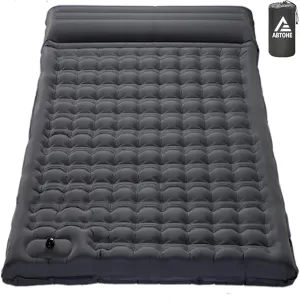 Double Sleeping Pad Camping, Self Inflating 4'' Extra-Thick 2 Person Pillow Built-in Foot Pump Waterproof Inflatable Sleeping Mat Backpacking, Tent, Hiking, Portable Camping Pad (Grey-Double)