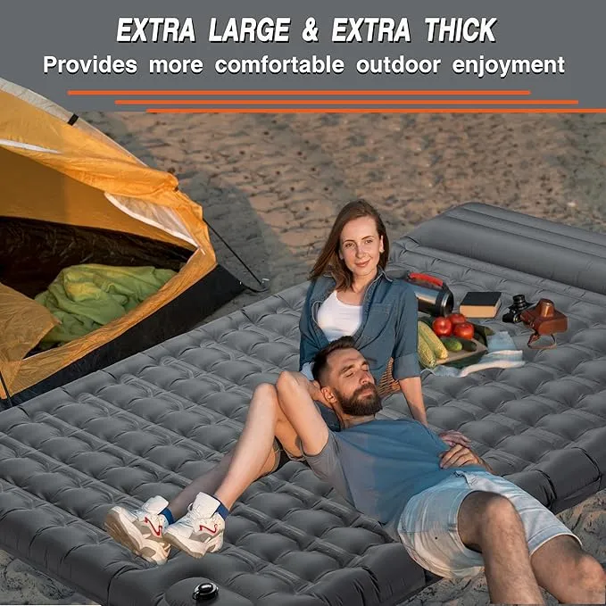 Double Sleeping Pad Camping, Self Inflating 4'' Extra-Thick 2 Person Pillow Built-in Foot Pump Waterproof Inflatable Sleeping Mat Backpacking, Tent, Hiking, Portable Camping Pad (Grey-Double)