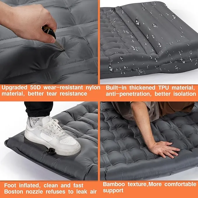 Double Sleeping Pad Camping, Self Inflating 4'' Extra-Thick 2 Person Pillow Built-in Foot Pump Waterproof Inflatable Sleeping Mat Backpacking, Tent, Hiking, Portable Camping Pad (Grey-Double)
