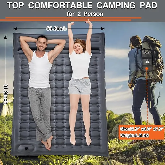 Double Sleeping Pad Camping, Self Inflating 4'' Extra-Thick 2 Person Pillow Built-in Foot Pump Waterproof Inflatable Sleeping Mat Backpacking, Tent, Hiking, Portable Camping Pad (Grey-Double)