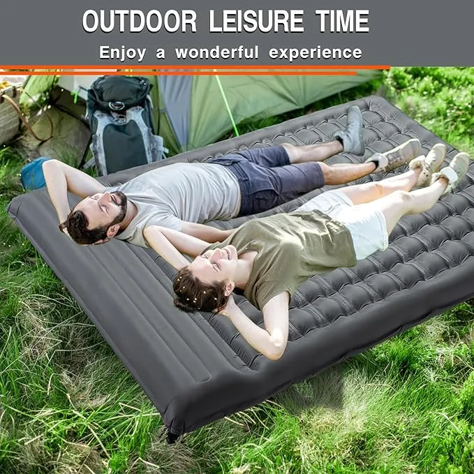 Double Sleeping Pad Camping, Self Inflating 4'' Extra-Thick 2 Person Pillow Built-in Foot Pump Waterproof Inflatable Sleeping Mat Backpacking, Tent, Hiking, Portable Camping Pad (Grey-Double)