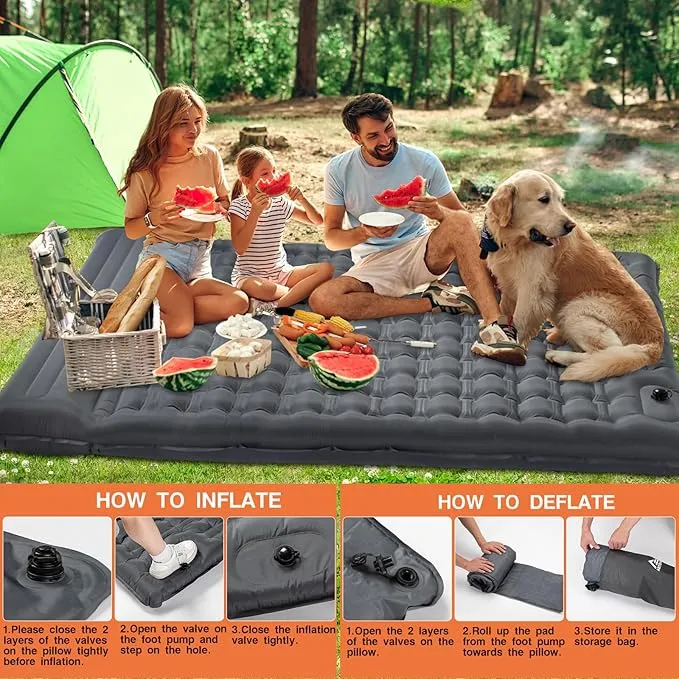 Double Sleeping Pad Camping, Self Inflating 4'' Extra-Thick 2 Person Pillow Built-in Foot Pump Waterproof Inflatable Sleeping Mat Backpacking, Tent, Hiking, Portable Camping Pad (Grey-Double)