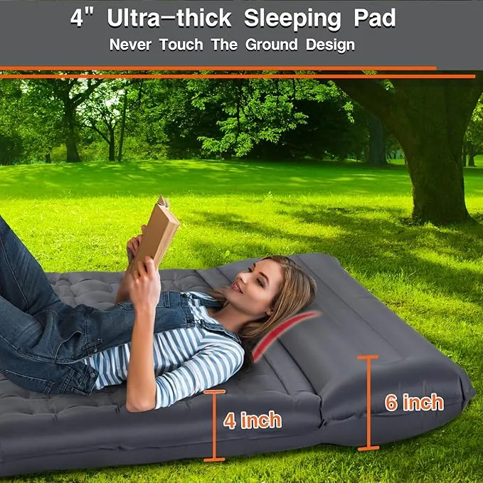 Double Sleeping Pad Camping, Self Inflating 4'' Extra-Thick 2 Person Pillow Built-in Foot Pump Waterproof Inflatable Sleeping Mat Backpacking, Tent, Hiking, Portable Camping Pad (Grey-Double)