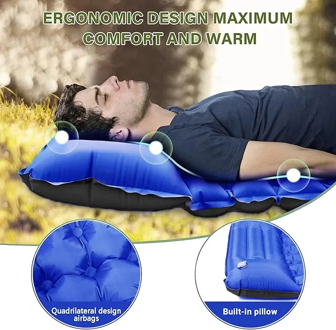 Double Sleeping Pad for Camping, Ultralight Camping Mattress with Pillow, Built-in Foot Pump, Thick Self-Inflatable 2-Person Portable Camping Mat for Backpacking Hiking Car Traveling Beach Tent