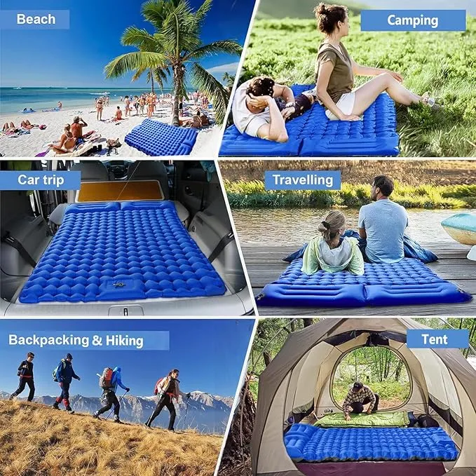Double Sleeping Pad for Camping, Ultralight Camping Mattress with Pillow, Built-in Foot Pump, Thick Self-Inflatable 2-Person Portable Camping Mat for Backpacking Hiking Car Traveling Beach Tent