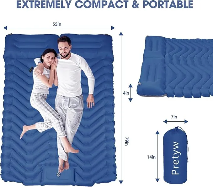 Double Sleeping Pad for Camping, Ultralight Camping Mattress with Pillow, Built-in Foot Pump, Thick Self-Inflatable 2-Person Portable Camping Mat for Backpacking Hiking Car Traveling Beach Tent