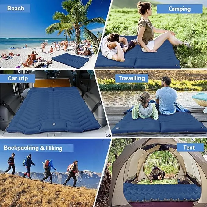 Double Sleeping Pad for Camping, Ultralight Camping Mattress with Pillow, Built-in Foot Pump, Thick Self-Inflatable 2-Person Portable Camping Mat for Backpacking Hiking Car Traveling Beach Tent