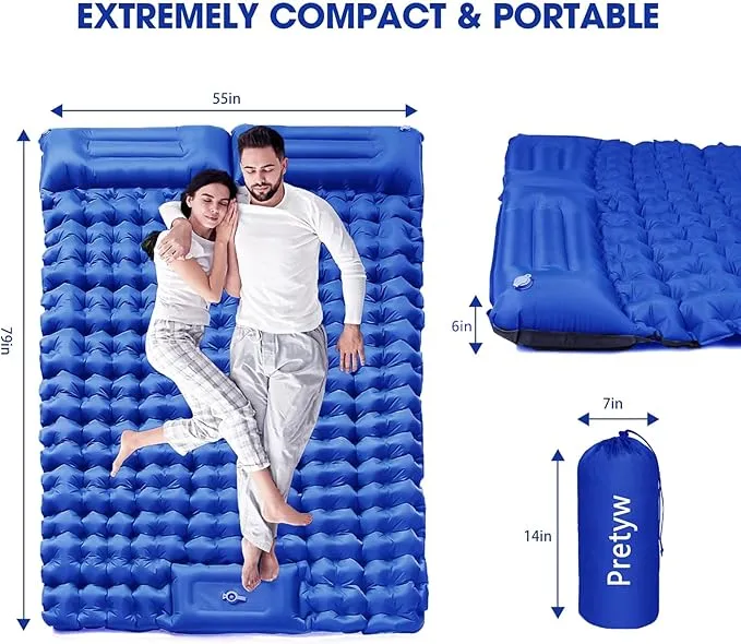 Double Sleeping Pad for Camping, Ultralight Camping Mattress with Pillow, Built-in Foot Pump, Thick Self-Inflatable 2-Person Portable Camping Mat for Backpacking Hiking Car Traveling Beach Tent