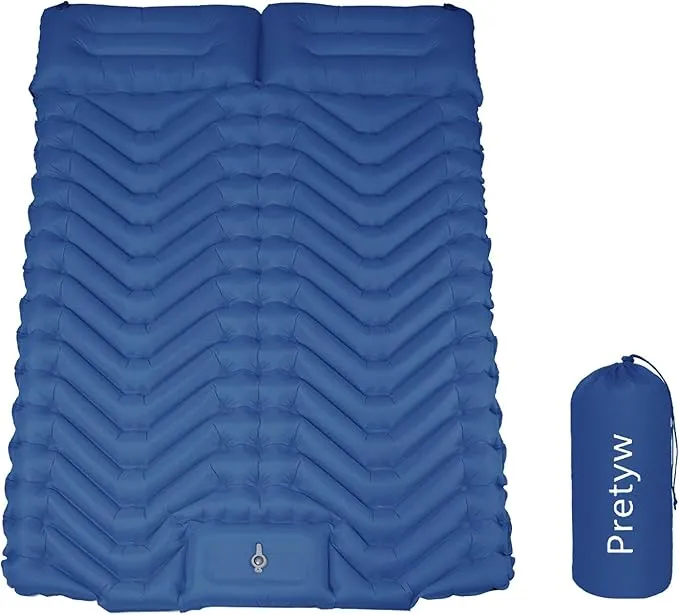 Double Sleeping Pad for Camping, Ultralight Camping Mattress with Pillow, Built-in Foot Pump, Thick Self-Inflatable 2-Person Portable Camping Mat for Backpacking Hiking Car Traveling Beach Tent