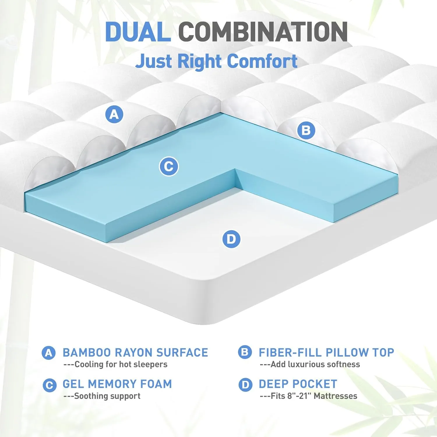 Dual Layer 3 Inch Memory Foam Mattress Topper Twin XL Size, 2 Inch Cooling Gel Memory Foam Plus 1 Inch Pillow Top Mattress Pad Cover, with 8-21 Inch Deep Pocket