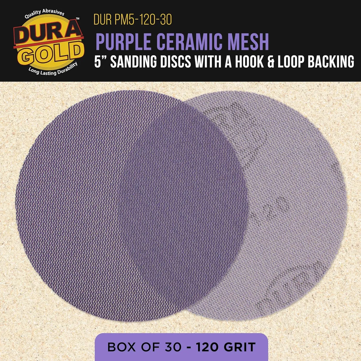 Dura-Gold Premium 120 Grit 5" Purple Ceramic Mesh Sanding Discs, Box of 30 - Dustless Hook & Loop Backing Sandpaper for DA & Random Orbital Sanders - Long-Lasting Fast Cut - Woodworking, Auto Paint