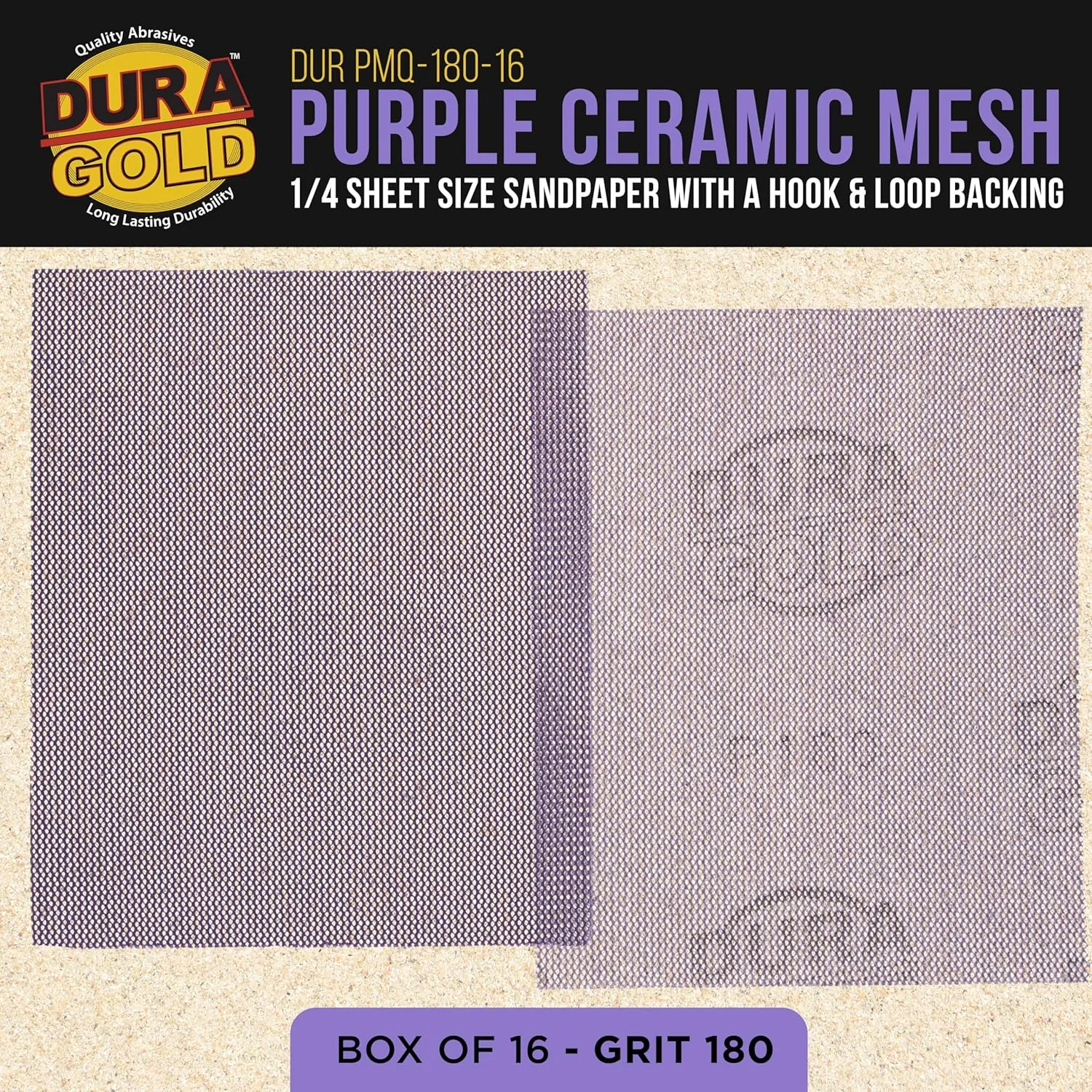 Dura-Gold Premium 180 Grit 1/4 Sheet Size Purple Ceramic Mesh Sandpaper, Box of 16-4.5" x 5.5" Dustless Hook & Loop Backing, Palm Sanders, Sanding Blocks - Long-Lasting Fast Cut - Woodworking, Auto