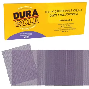 Dura-Gold Premium 220 Grit 1/4 Sheet Size Purple Ceramic Mesh Sandpaper, Box of 16-4.5" x 5.5" Dustless Hook & Loop Backing, Palm Sanders, Sanding Blocks - Long-Lasting Fast Cut - Woodworking, Auto