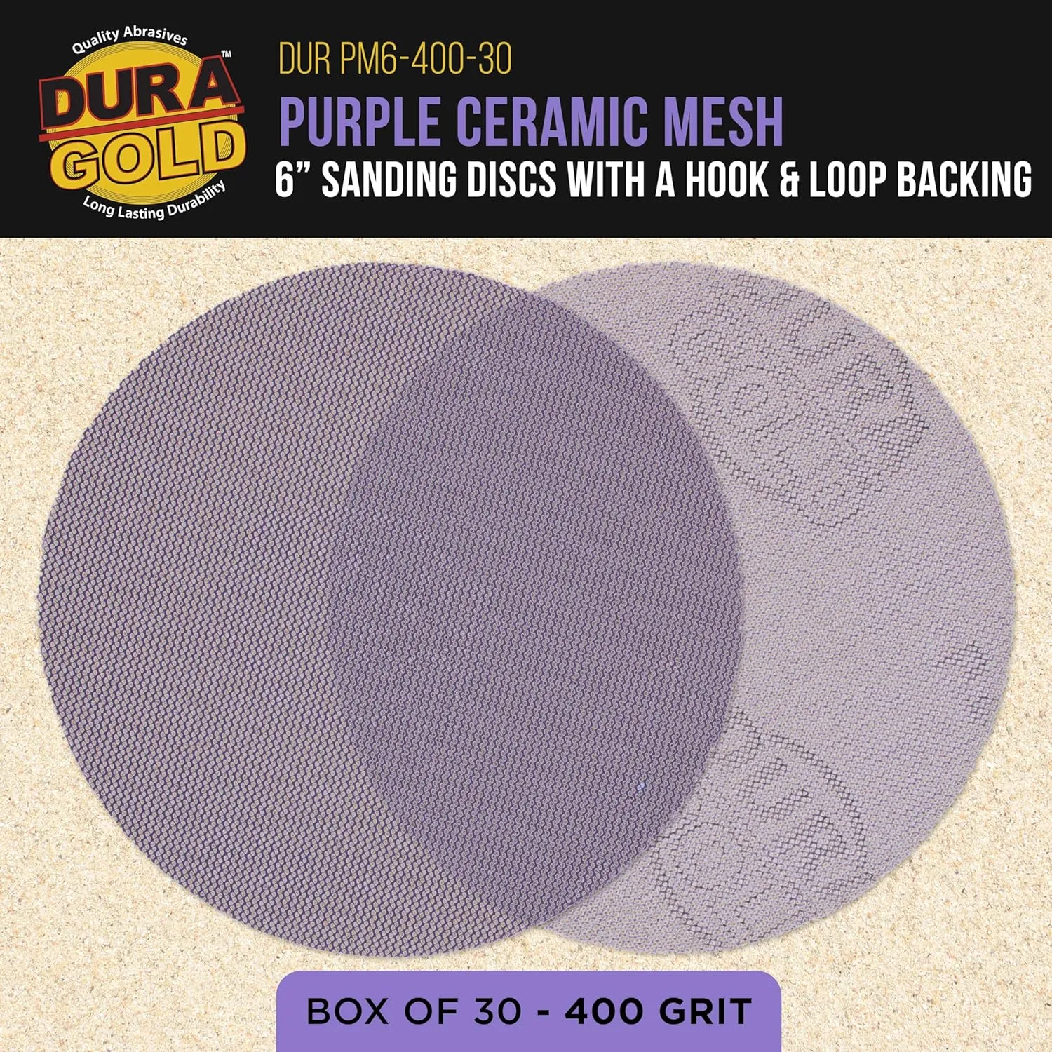 Dura-Gold Premium 400 Grit 6" Purple Ceramic Mesh Sanding Discs, Box of 30 - Dustless Hook & Loop Backing Sandpaper for DA & Random Orbital Sanders - Long-Lasting Fast Cut - Woodworking, Auto Paint