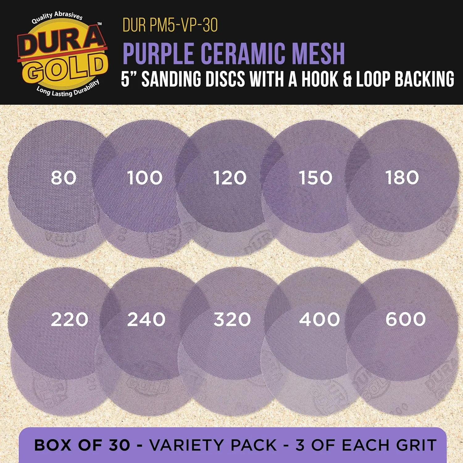 Dura-Gold Premium 5" Purple Ceramic Mesh Sanding Discs, 30 Disc Variety Pack, Grits 80, 100, 120, 150, 180, 220, 240, 320, 400, 600 - Dustless Hook & Loop Backing Sandpaper, DA & Random Orbital Sander
