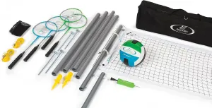 EastPoint Sports Deluxe Volleyball Badminton Net Set - 25ft L x 8ft H, Polyester, Assorted - Includes 1 Volleyball, 4 Rackets, 2 Shuttlecocks, 4 Ground Stakes, 1 Carry Bag