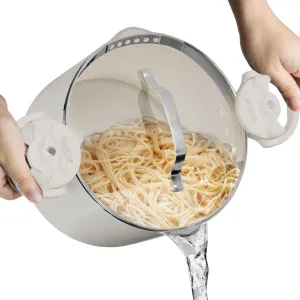 EATEX Pasta Pot with Strainer Lid - 5 Quart Multipurpose Stock Pot, Simmer Spaghetti Pot with Pasta Strainer Lid - Twist & Lock Handles, Nonstick Ceramic Stainless Steel Pot, Tempered Glass Lid Cream