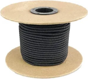 Elastic Bungee Cord. 3/16", 3/8", 1/4", 5/16", 1/8". 50 and 100 Foot Spools. Weather and Abrasion Resistant. Used for Tie Downs, Crafting, DIY Projects. Black Shock Cord. Made in the USA