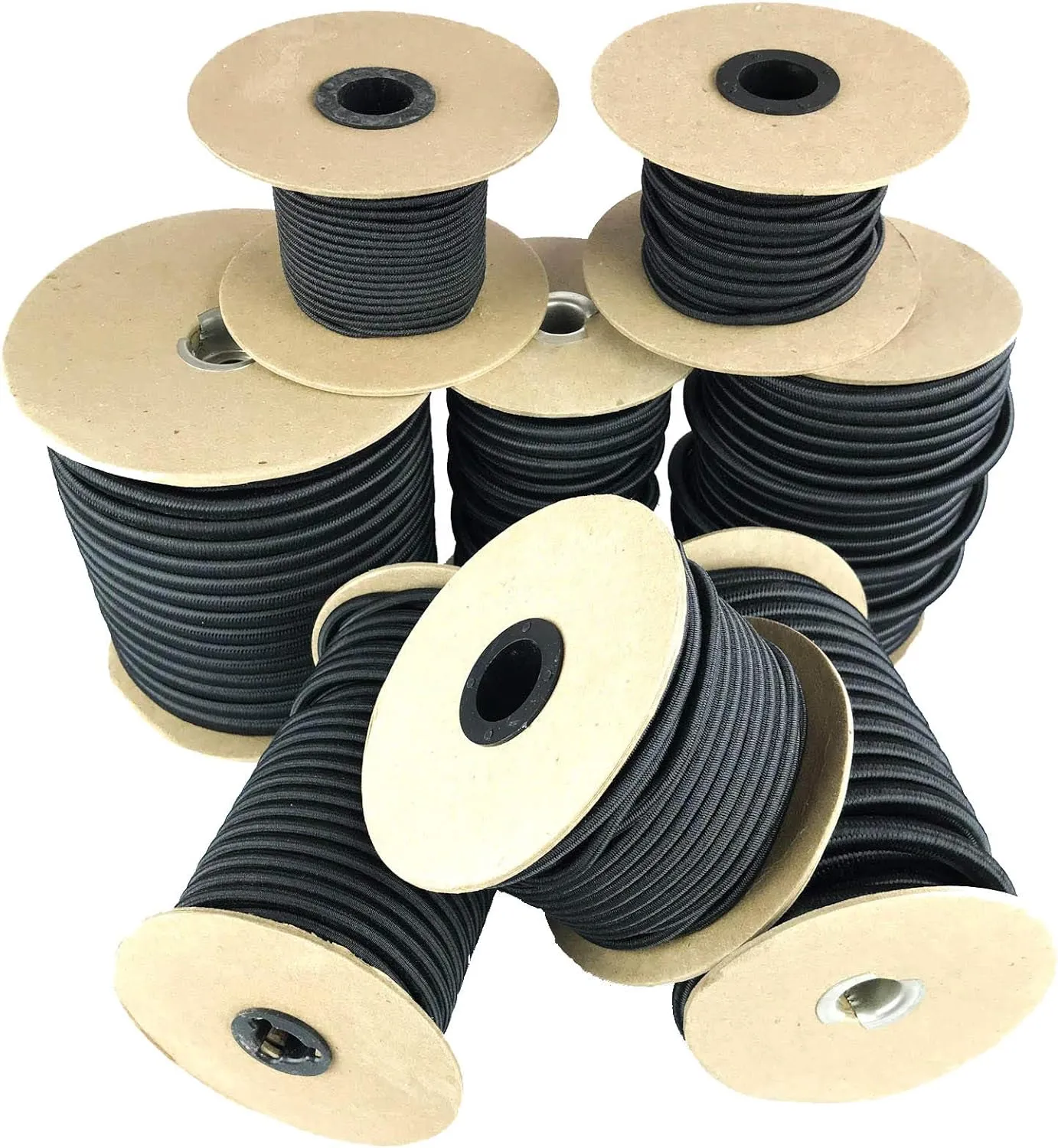Elastic Bungee Cord. 3/16", 3/8", 1/4", 5/16", 1/8". 50 and 100 Foot Spools. Weather and Abrasion Resistant. Used for Tie Downs, Crafting, DIY Projects. Black Shock Cord. Made in the USA