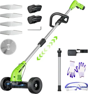 Electric Weed Wacker: Cordless Weed Trimmer with 2 * 2.0Ah Li-Ion Battery Powered & 4 Cutting Blade Types, Wheel Trimmer Lightweight Ajustable Pole &Back-Friendly Compact Power Tool for Lawn Yard Work